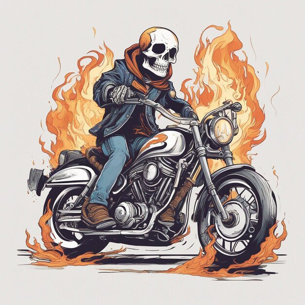 Photo a skeleton riding a motorbike wearing a jacket and jeans with fire tshirt design vector ready