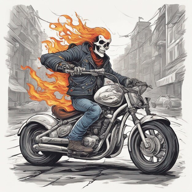 A skeleton riding a motorbike wearing a jacket and jeans with fire tshirt design vector ready