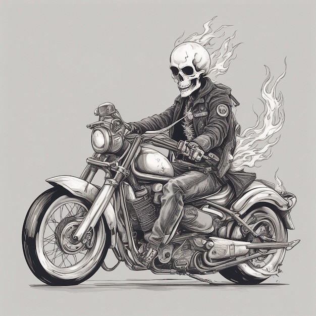 a skeleton riding a motorbike wearing a jacket and jeans with fire tshirt design vector ready