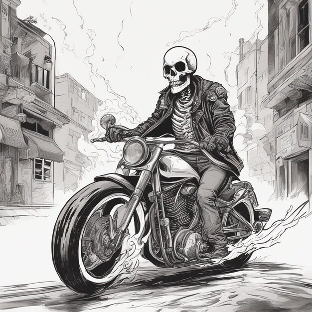 a skeleton riding a motorbike wearing a jacket and jeans with fire tshirt design vector ready