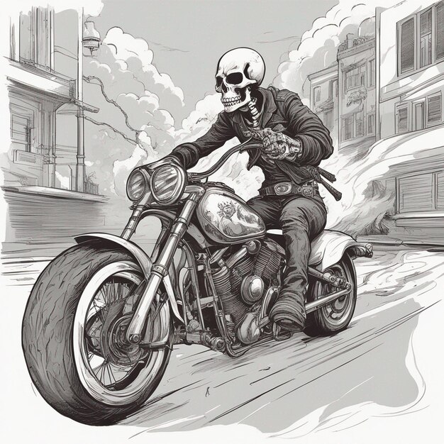 a skeleton riding a motorbike wearing a jacket and jeans with fire tshirt design vector ready