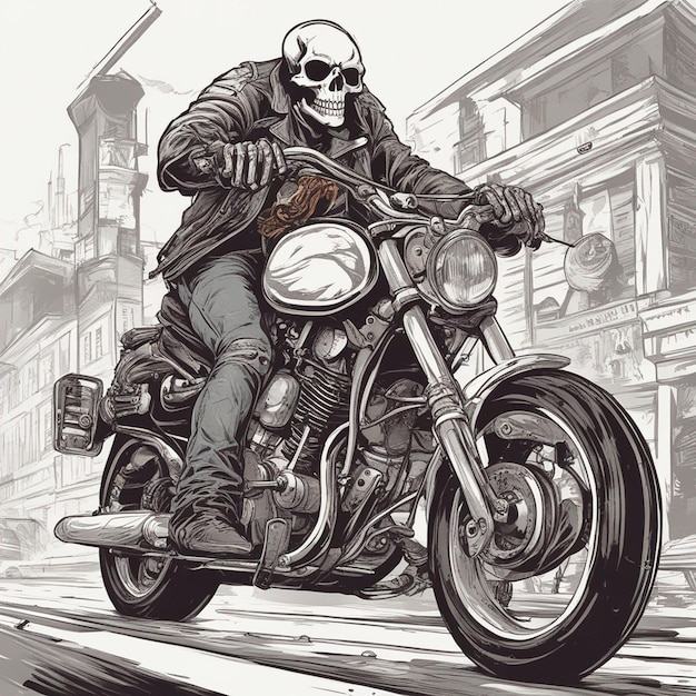 a skeleton riding a motorbike wearing a jacket and jeans with fire tshirt design vector ready