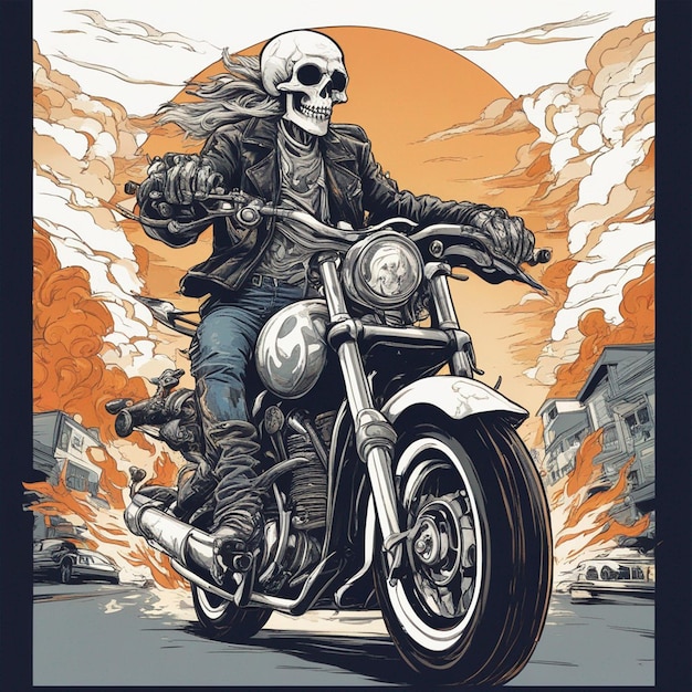 Photo a skeleton riding a motorbike wearing a jacket and jeans with fire tshirt design vector ready