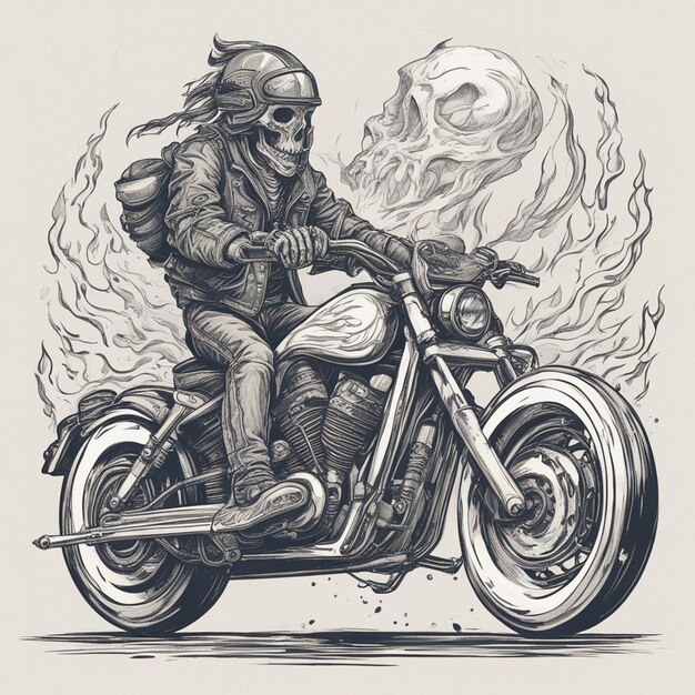 Photo a skeleton riding a motorbike wearing a jacket and jeans with fire tshirt design vector ready