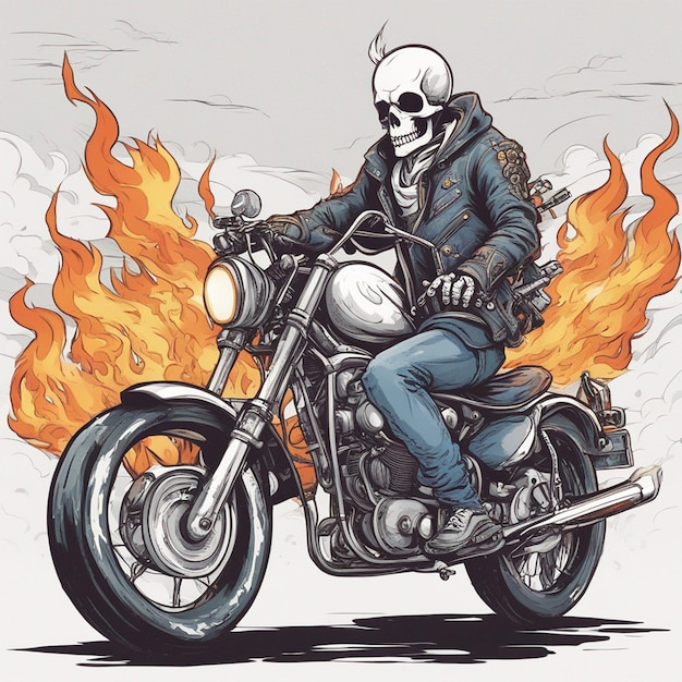 ジャケットとジーンズを着てバイクに乗っているスケルトンと火のTシャツのデザインベクトルが準備されています