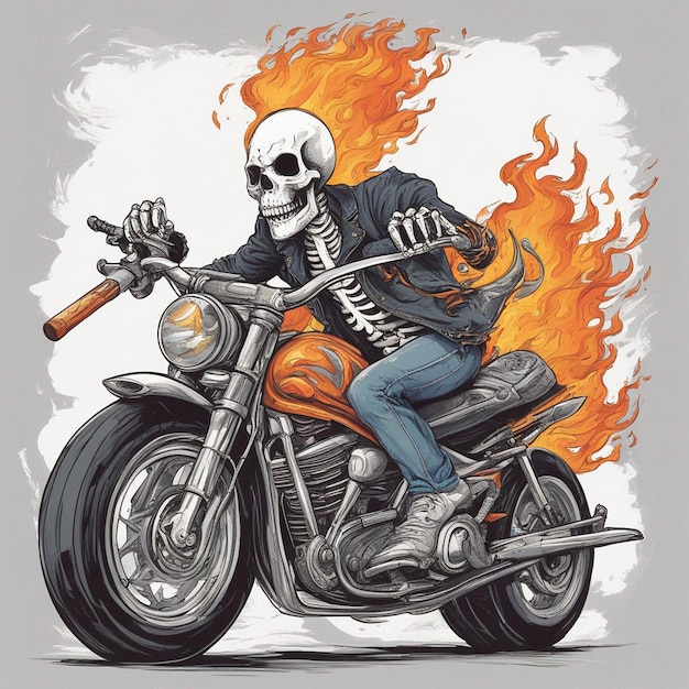 a skeleton riding a motorbike wearing a jacket and jeans with fire tshirt design vector ready