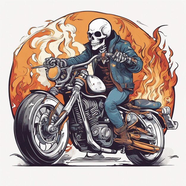 a skeleton riding a motorbike wearing a jacket and jeans with fire tshirt design vector ready