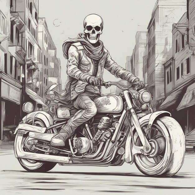 Photo a skeleton riding a motorbike wearing a jacket and jeans with fire tshirt design vector ready