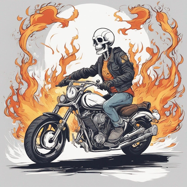 скелет на мотоцикле в куртке и джинсах с вектором дизайна огненной футболки готов