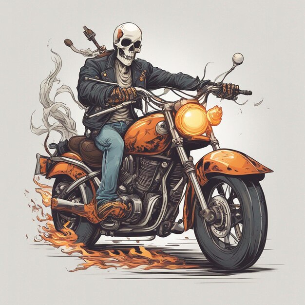 A skeleton riding a motorbike wearing a jacket and jeans with fire tshirt design vector ready