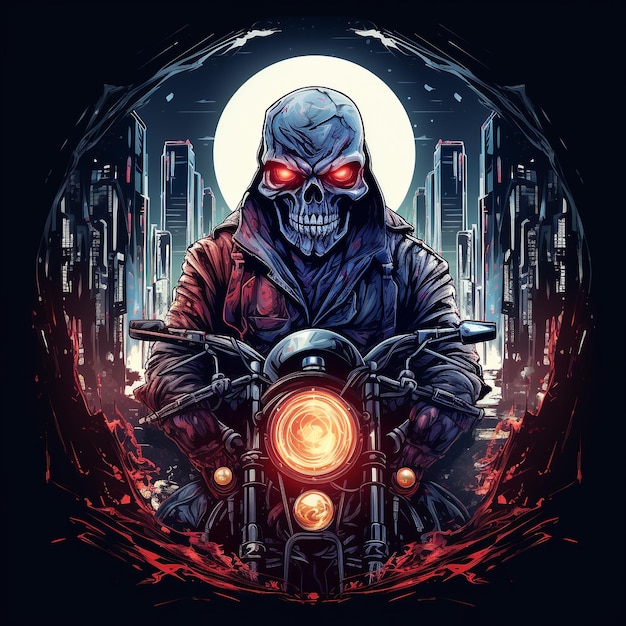 Skeleton riding motorcycle illustration abstract at night city background