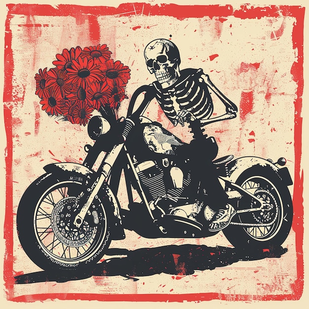 a skeleton riding a motorcycle with a bunch of flowers in the middle