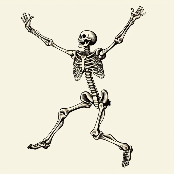 Photo a skeleton running with arms outstretched in the air generative ai