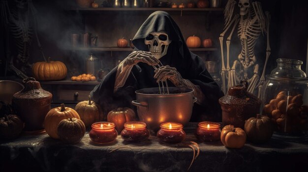 a skeleton's halloween feast macabre dinner prep amid pumpkins skulls Ai Generated
