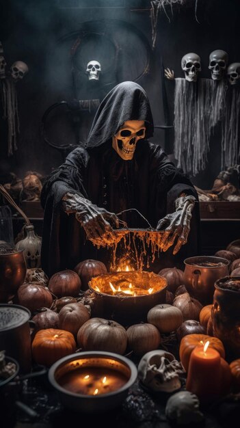 a skeleton's halloween feast macabre dinner prep amid pumpkins skulls Ai Generated