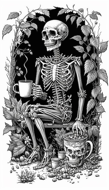 A skeleton sits on a bench and drinks tea.