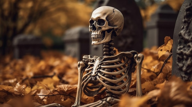 A skeleton sits in a cemetery with leaves on the ground.