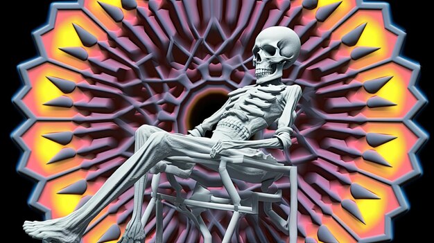 Photo a skeleton sits in a chair with a purple background