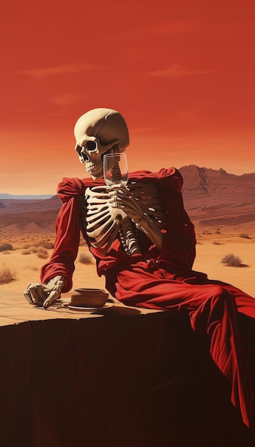 a skeleton sits on a desert with mountains in the background.