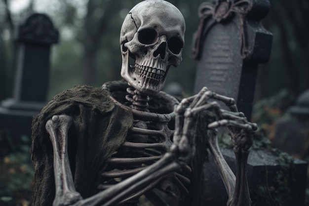 A skeleton sits in a graveyard with the word spooky on it.