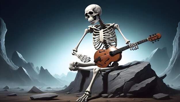 a skeleton sits on a rock with a guitar in the background