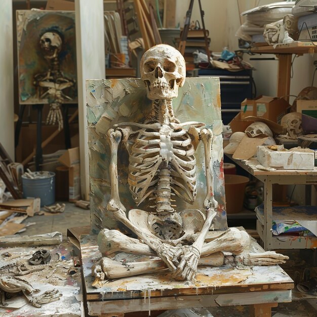 Photo a skeleton sits in a room with other items including a skeleton
