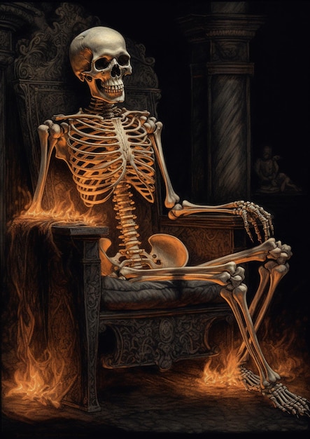 A skeleton sits on a throne in a dark room.