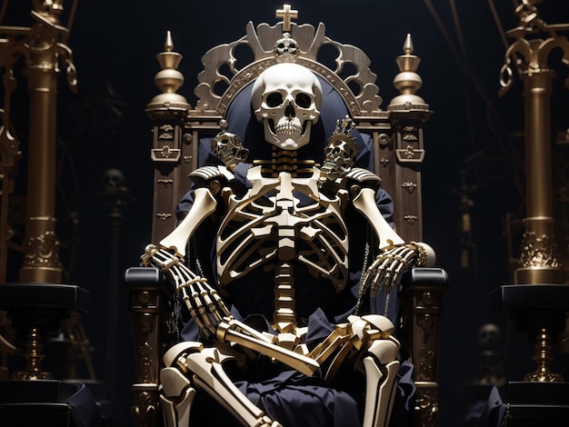 A skeleton sits on a throne