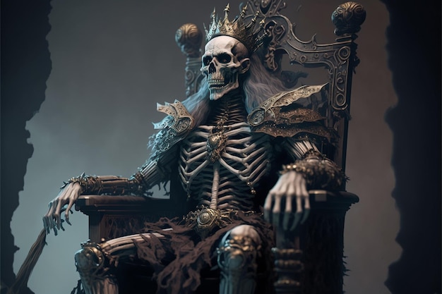 A skeleton sits on a throne.