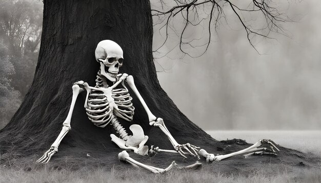 Photo a skeleton sits in a tree with a sign that says  skeleton