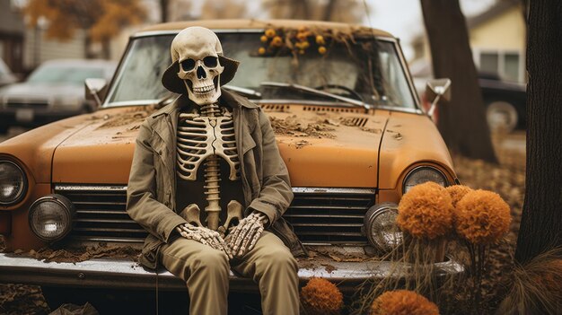 A skeleton sitting on a car