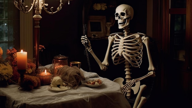 a skeleton sitting at a dinner table with a candle on it's head and holding a knife in one hand