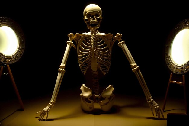 A Skeleton Sitting In Front Of Two Mirrors