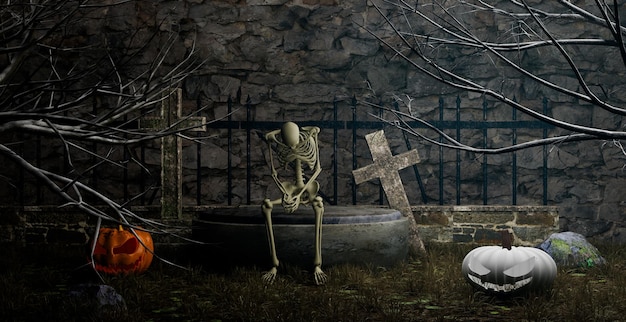 墓地に座っているスケルトン ハロウィーンのコンセプト 3 d イラストレーションのレンダリング