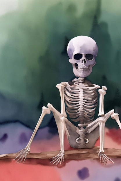 A Skeleton Sitting On A Piece Of Wood