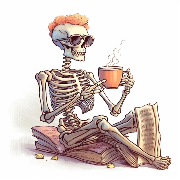 커피 생성 ai 한 잔을 들고 책 더미에 앉아 있는 해골