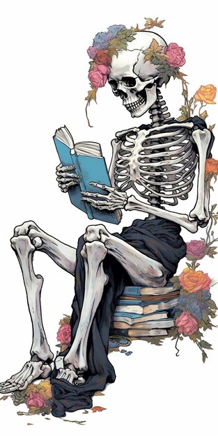 Photo skeleton sitting on a pile of books reading a book generative ai