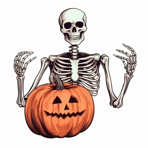 skeleton sitting on a pumpkin with both hands up generative ai