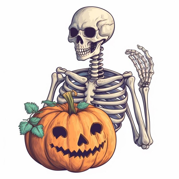 skeleton sitting on a pumpkin with a skeleton hand holding it generative ai