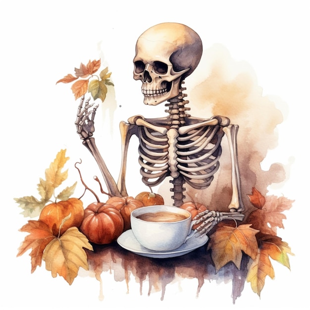 skeleton sitting on a table with a cup of coffee and pumpkins generative ai