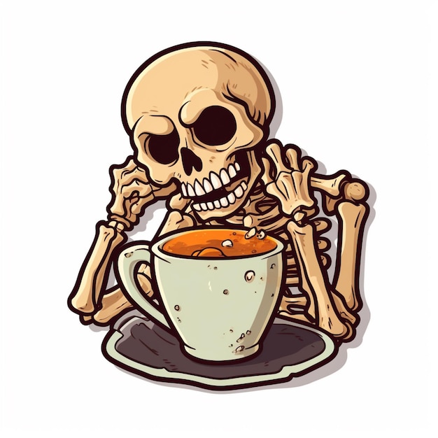 skeleton sitting at a table with a cup of coffee and a spoon generative ai