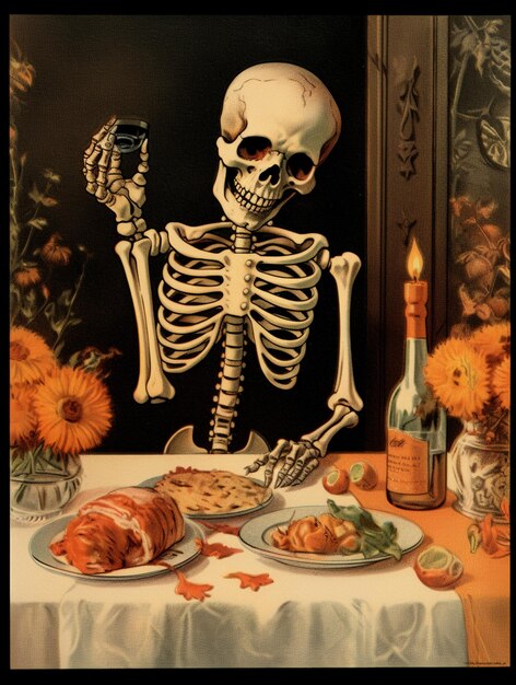 Skeleton sitting at a table with a plate of food and a bottle of wine generative ai