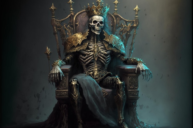 A skeleton sitting on a throne