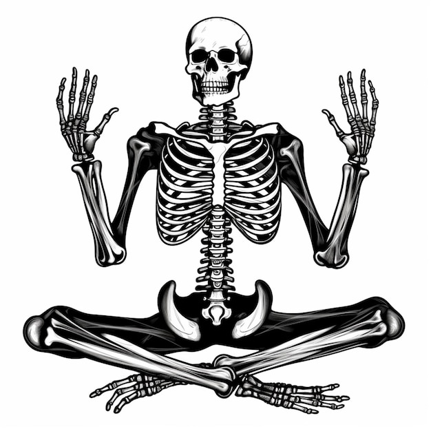 a skeleton sitting in a yoga pose with hands up generative ai