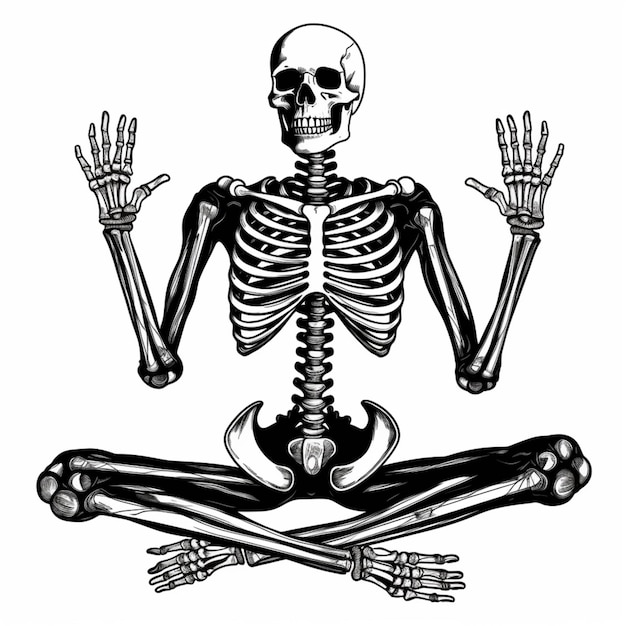 a skeleton sitting in a yoga pose with hands up generative ai