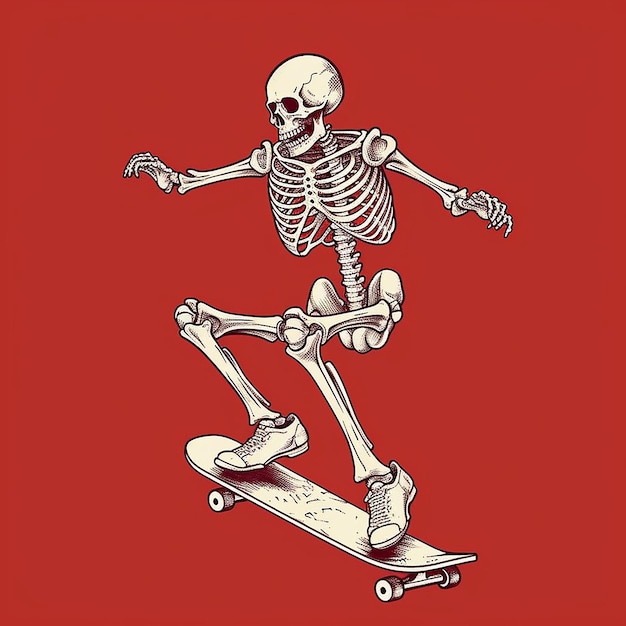 Photo skeleton skateboarding on a skateboard of dark white and light red ai generated image