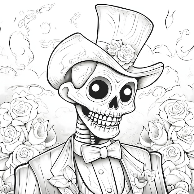 Skeleton skeleton in an elegant cylinder and suit on the background outline of flowers For the day of the dead and halloween Black and white picture coloring book