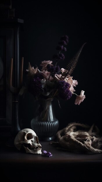 해골 두개골 어두운 죽은 꽃 디자인 죽음 예술 할로윈 인간 생성 AI