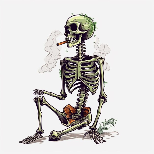 Фото Скелет курит сигарету с сигаретой во рту генеративный ай