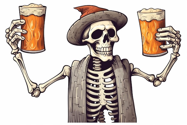 skeleton in a sombren holding two beer glasses generative ai